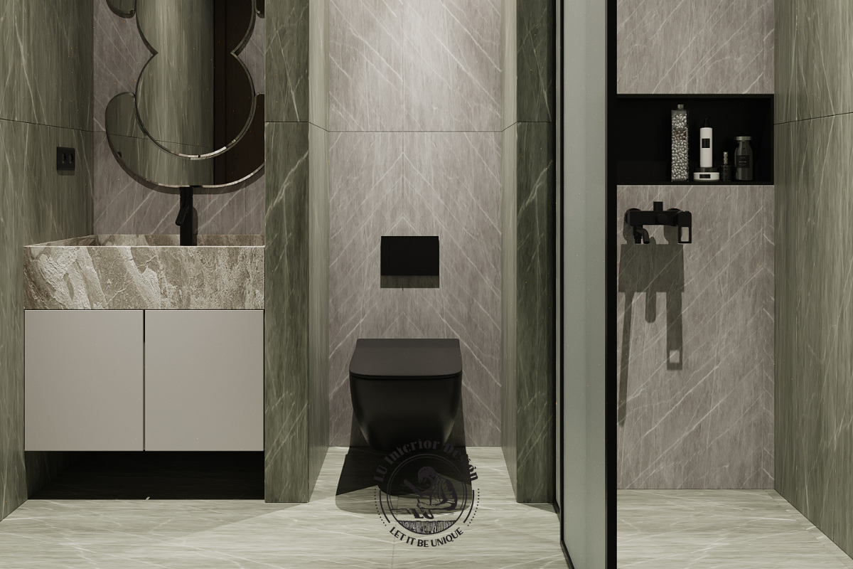 Không gian toilet chung ốp đá tự nhiên căn hộ Thảo Điền 123m² Modern
