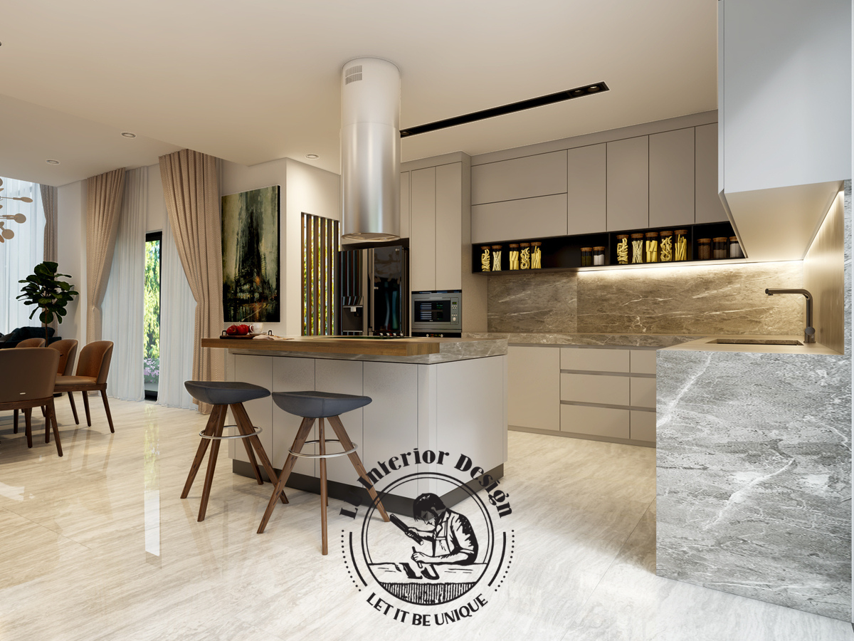 Thiết kế đảo bếp bằng đá tự nhiên tại dự án biệt thự Quận 9 375m²