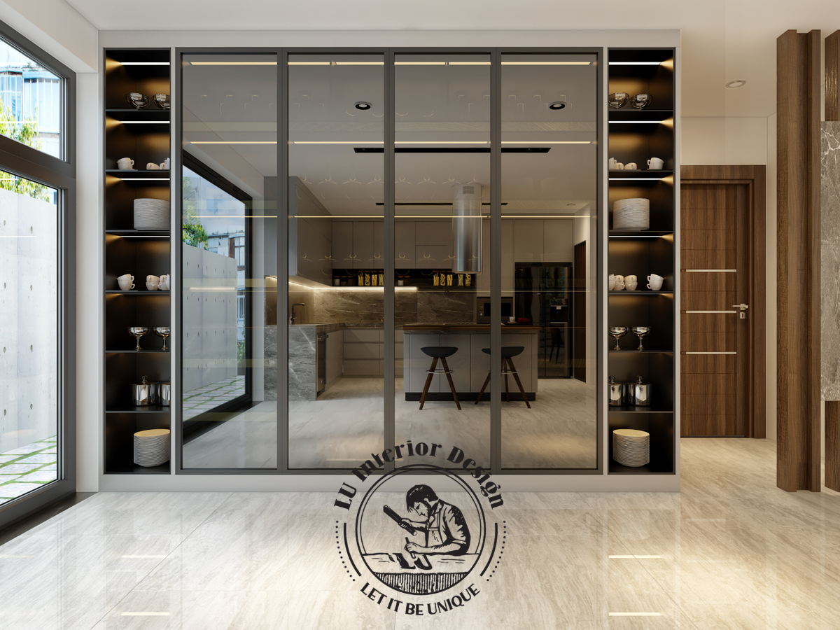 Tủ trưng bày rượu và đồ gốm sứ sang trọng