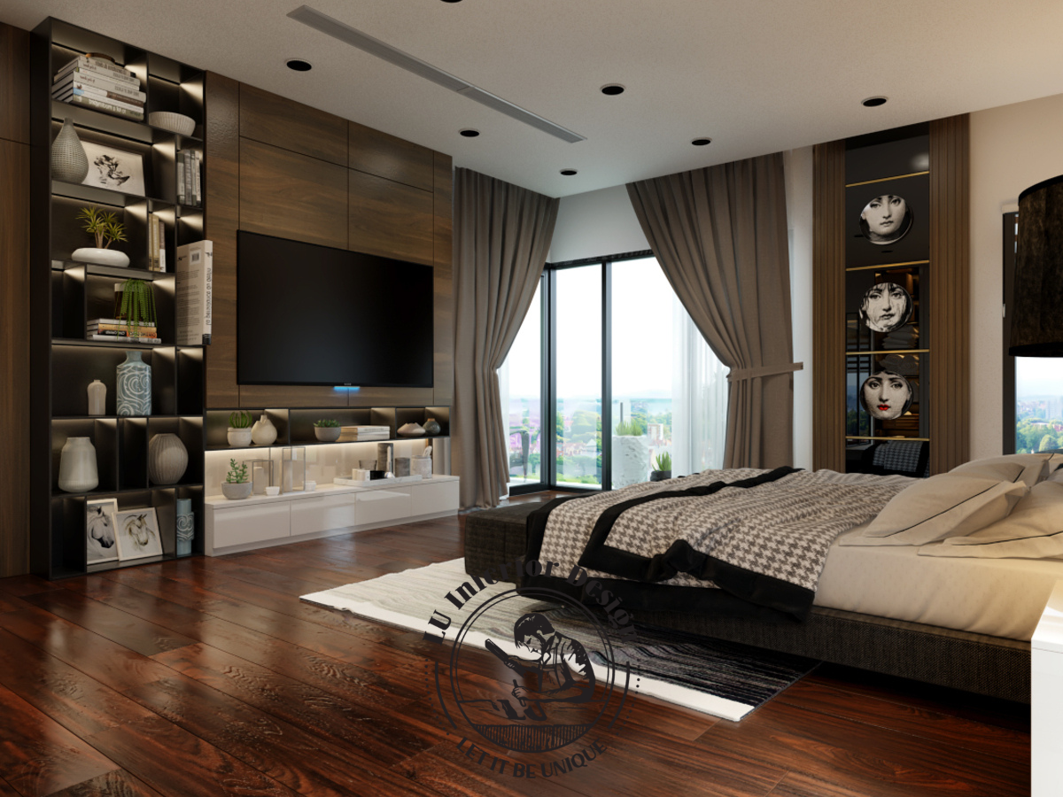 Vách tivi kết hợp kệ trang trí phòng ngủ master biệt thự luxury