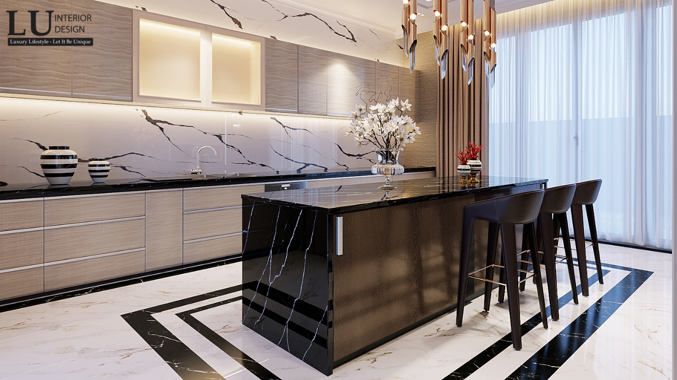 Bếp biệt thự Sala với đảo bếp và các tủ bếp hiện đại, sang trọng