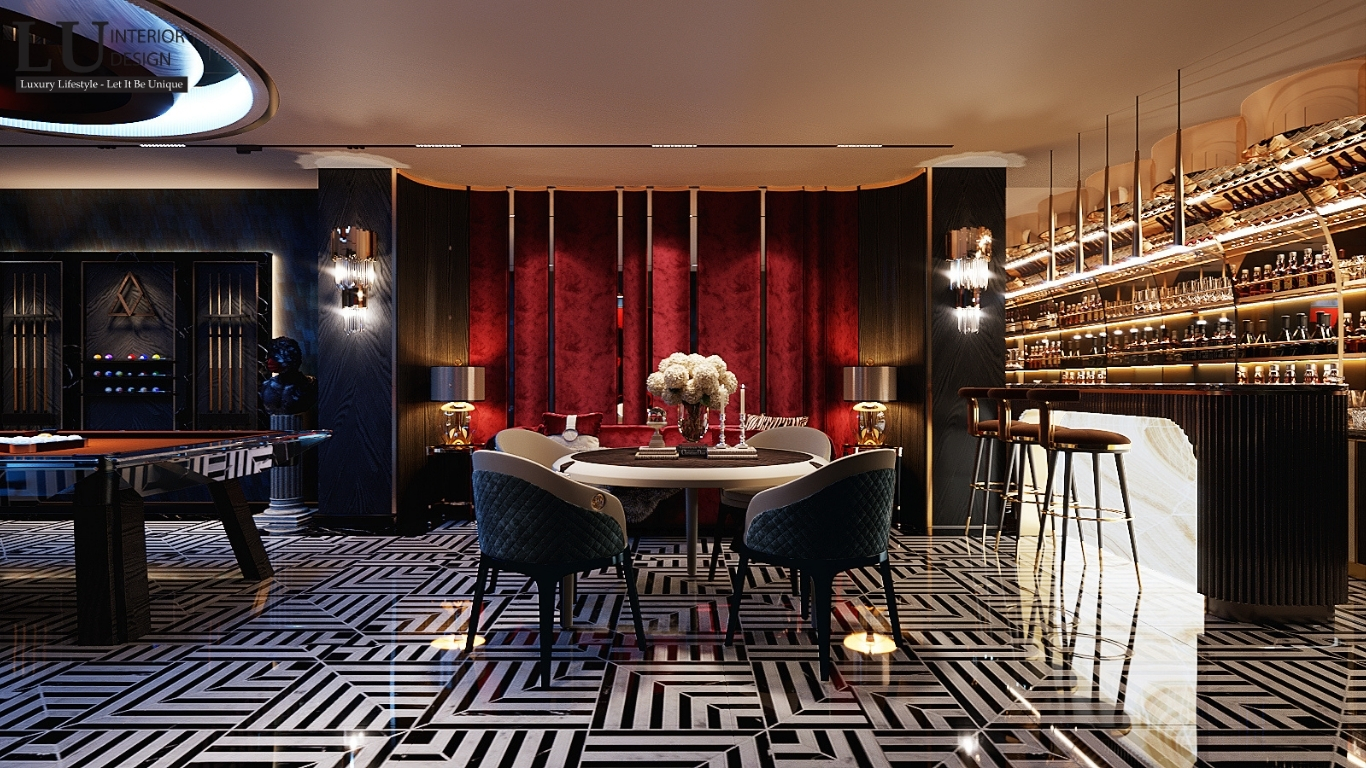 Thiết kế nội thất biệt thự Sala – không gian giải trí kết hợp bar và khu lounge đỏ nhung đậm chất thẩm mỹ