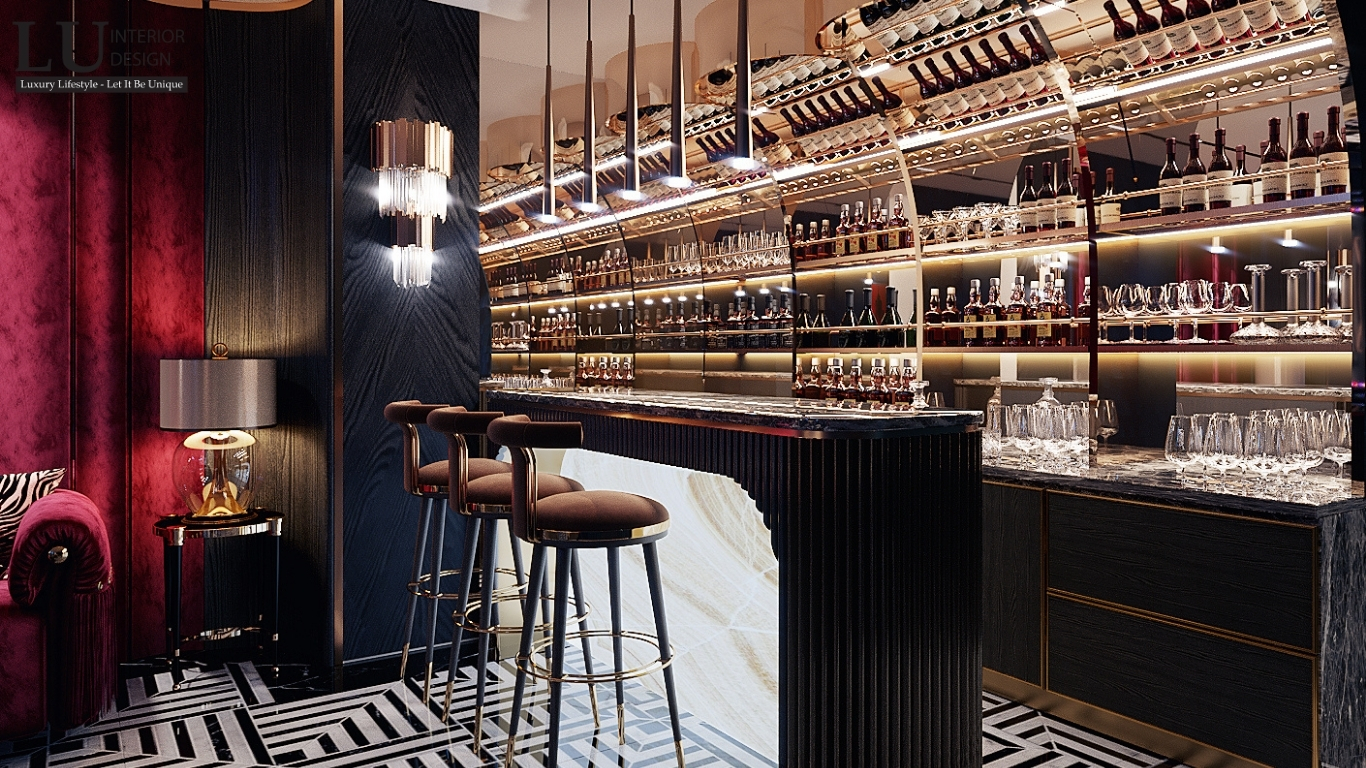 Thiết kế nội thất biệt thự Sala – quầy bar chất liệu đá tự nhiên, tủ rượu và ghế bar ánh kim sang trọng