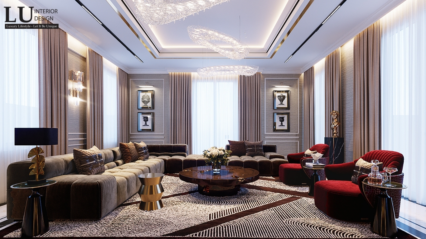 Không gian phòng khách biệt thự Sala với sofa bọc vải và đèn chùm sang trọng