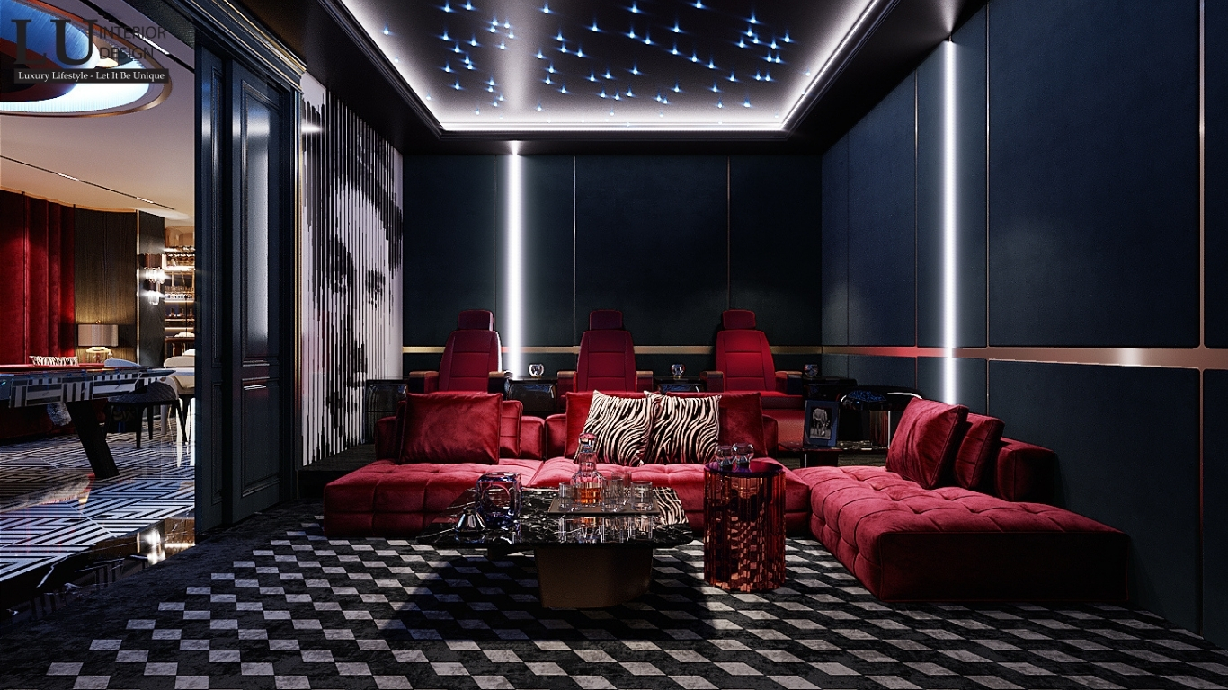 phòng media với ghế sofa nhung đỏ, trần sao và không gian âm thanh tối ưu