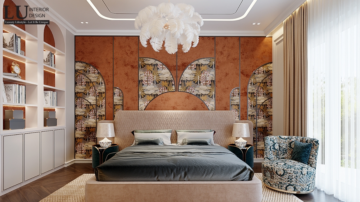 Thiết kế nội thất biệt thự Sala – phòng ngủ con gái với giường ngủ sang trọng và bức tường hoa văn nghệ thuật.