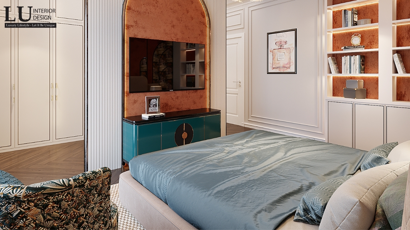 Thiết kế nội thất biệt thự Sala – góc nhìn từ giường hướng ra kệ tivi ốp đá marble vân đen trắng