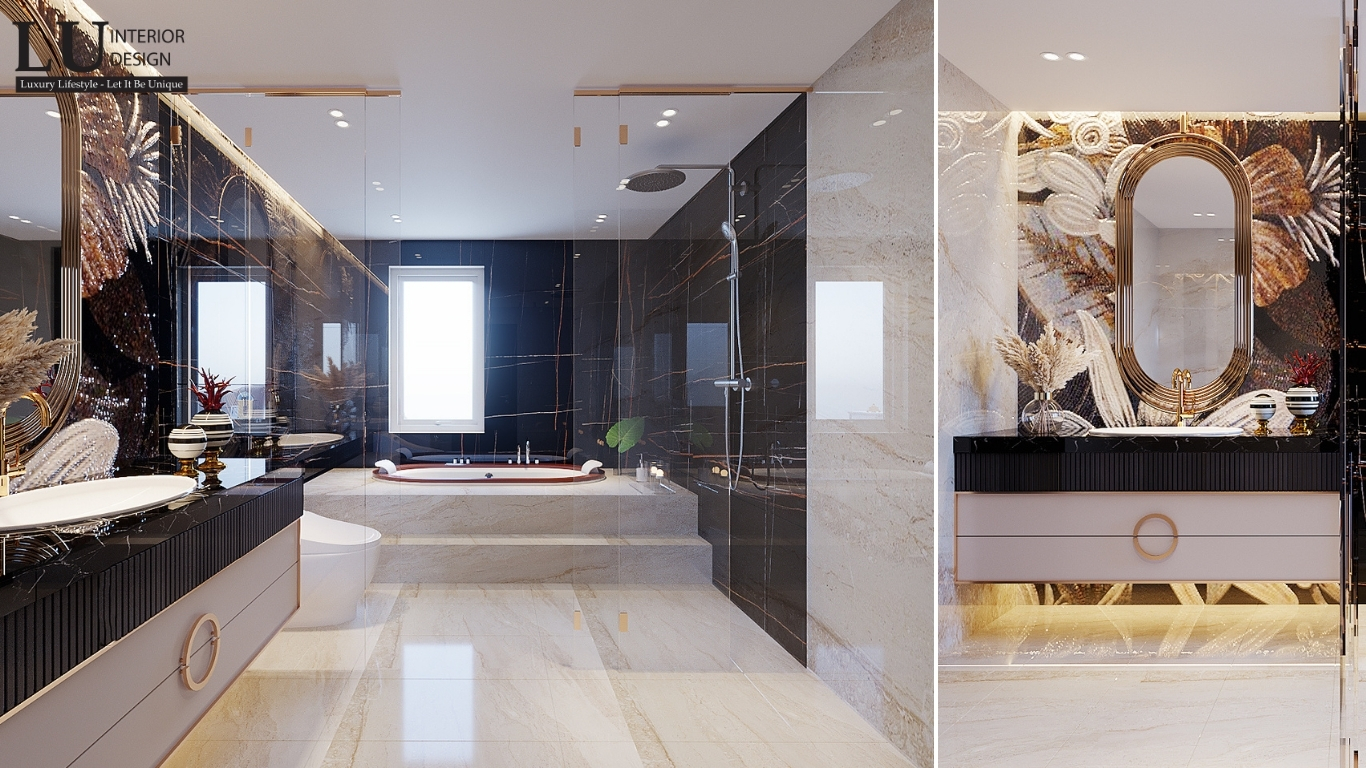 Phòng tắm trong phòng ngủ con gái – hiện đại, sang trọng với đá marble và kính cường lực