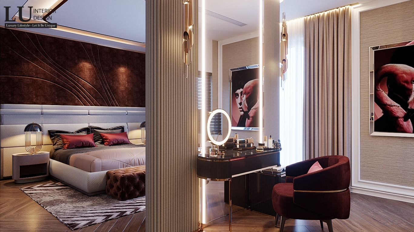 Thiết kế nội thất biệt thự Sala – bàn trang điểm hiện đại với ánh sáng led và ghế đỏ rượu nổi bật