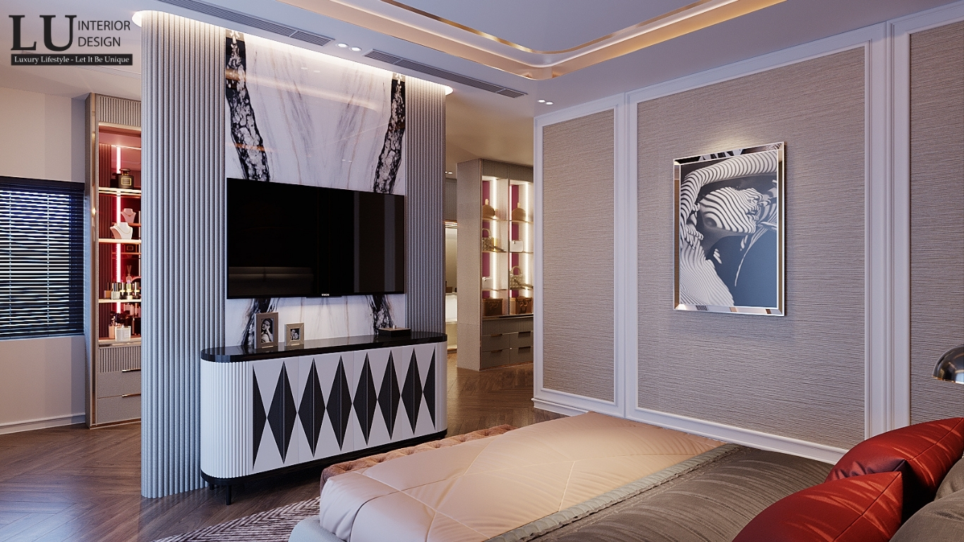 Không gian phòng ngủ biệt thự Sala – view hướng tivi và kệ tủ thiết kế đối xứng tinh tế