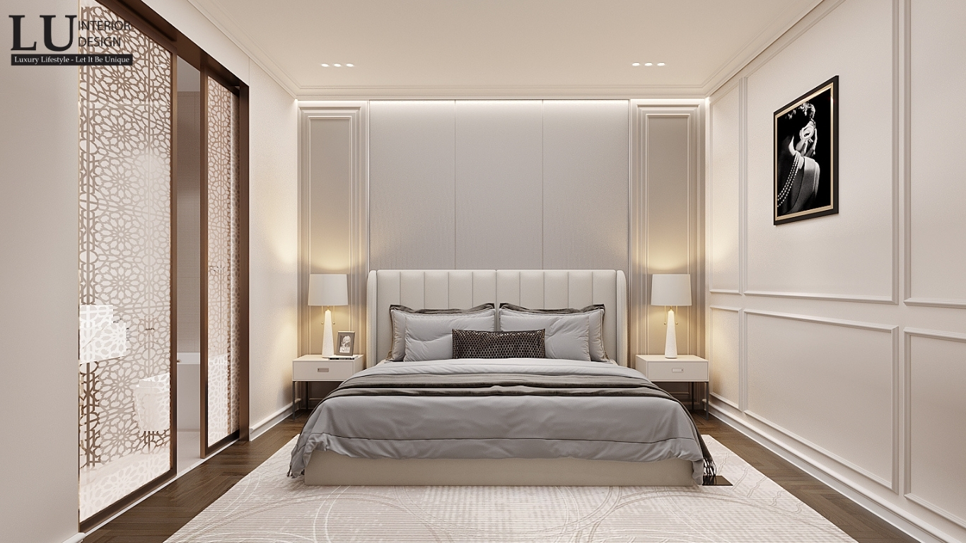 Thiết kế nội thất biệt thự Sala – phòng ngủ khách tông trắng xám tinh tế, giường bọc nệm sang trọng