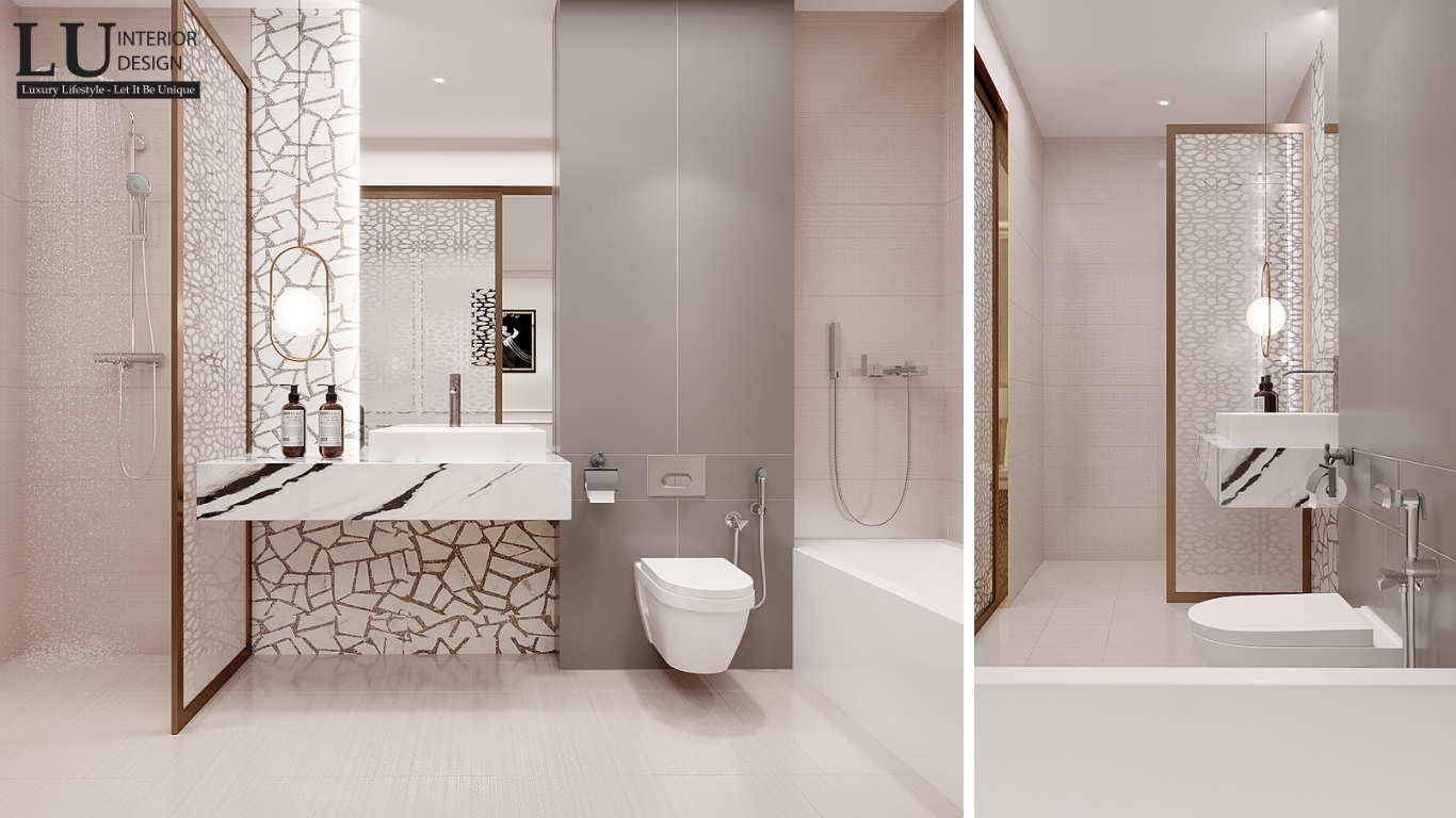 phòng tắm khép kín phòng ngủ khách với gạch hoa văn và lavabo đá marble