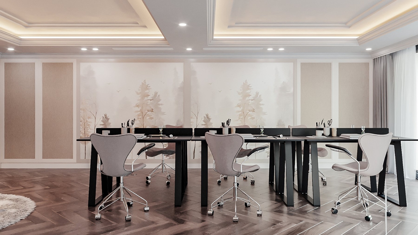 Phòng học biệt thự Tân Phú với bàn học hiện đại, ánh sáng tự nhiên và tranh tường họa tiết thiên nhiên