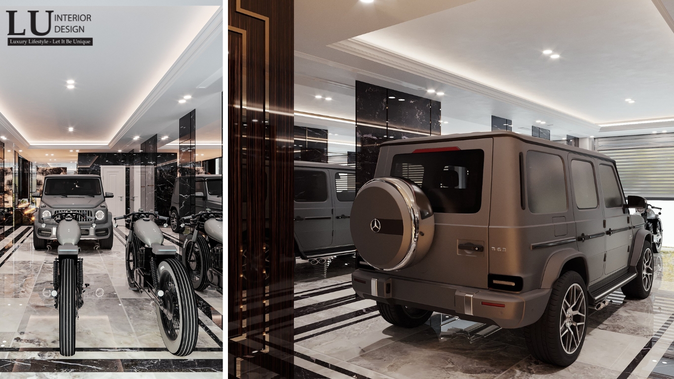 Gara xe biệt thự Tân Phú với không gian sang trọng, xe hơi và xe máy