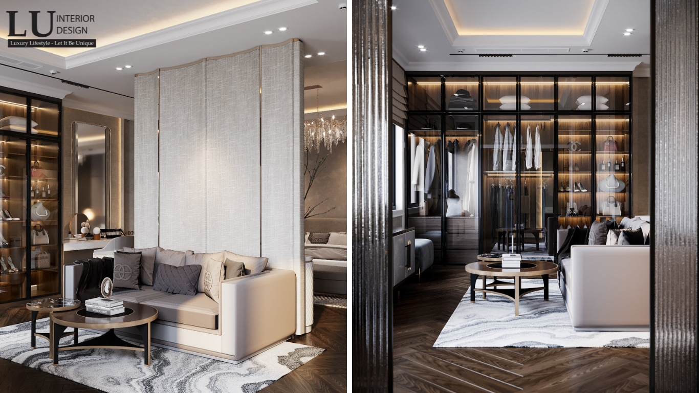 Phòng ngủ biệt thự Tân Phú với sofa cao cấp và tủ quần áo kính sang trọng