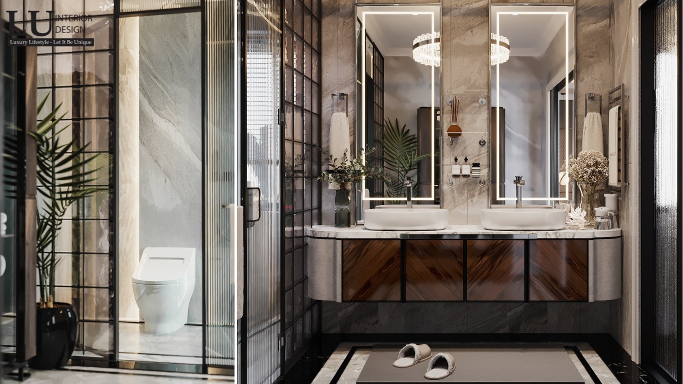 Thiết kế WC phòng master biệt thự Tân Phú với bồn tắm đứng và lavabo đôi