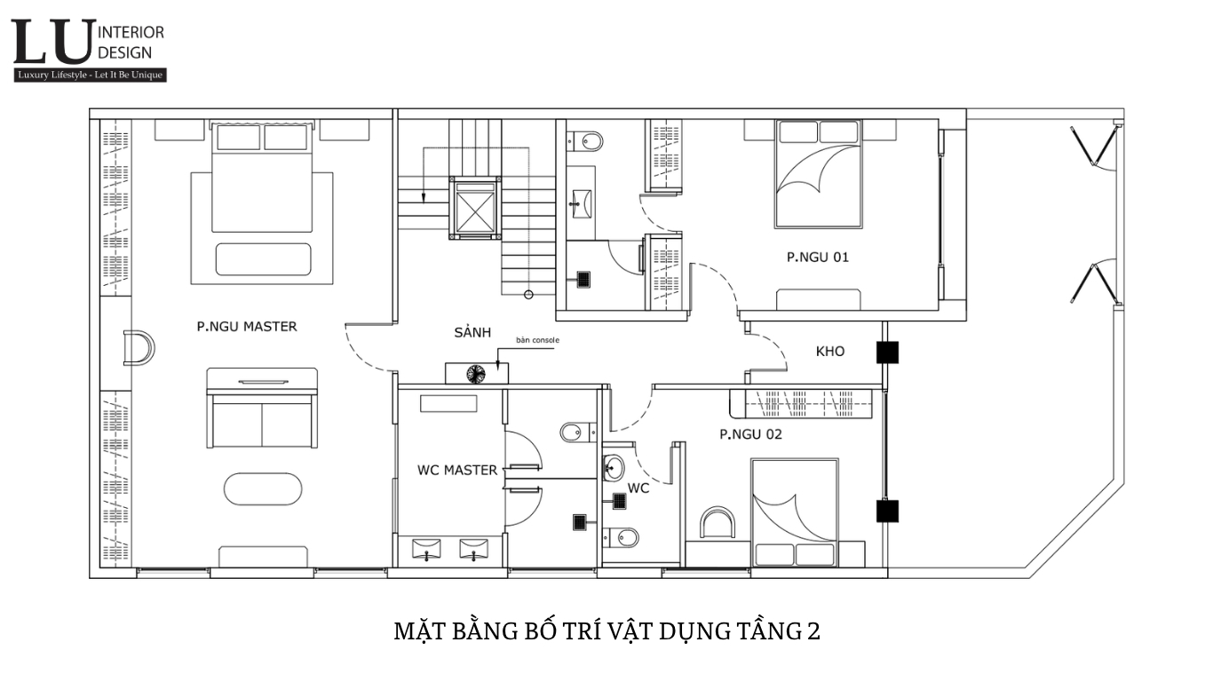 Mặt bằng tầng 2 biệt thự Tân Phú với các phòng ngủ