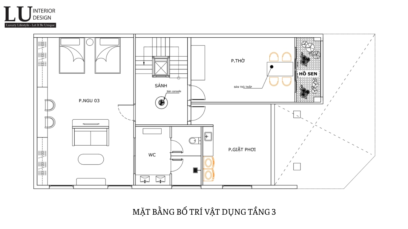 Mặt bằng tầng 3 biệt thự Tân Phú với phòng giặt phơi và khu vực vườn khô