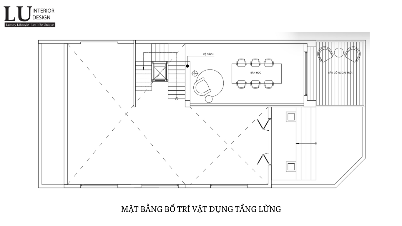Mặt bằng tầng lửng biệt thự Tân Phú với không gian phòng học.