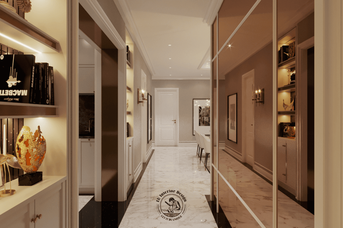 Lối vào căn hộ ấn tượng với hệ tủ trang trí âm đèn led kết hợp vách kính phản chiếu lớn tạo chiều sâu cho không gian.