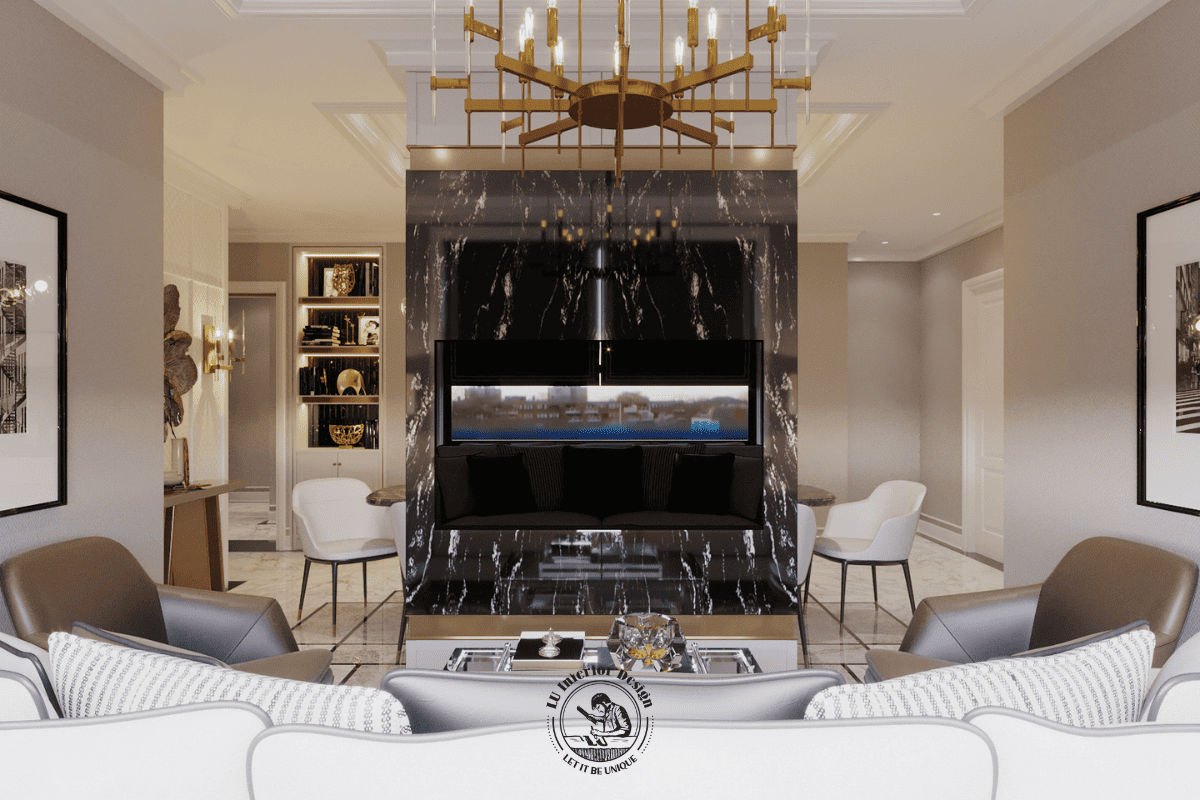 Vách tivi ốp đá marble đen nguyên khối phân chia không gian khách và phòng ăn