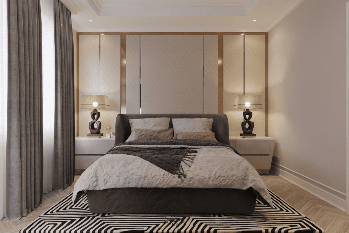 Vách đầu giường bọc nệm phối viền gương kết hợp cặp đèn ngủ nghệ thuật đặt đối xứng sang trọng