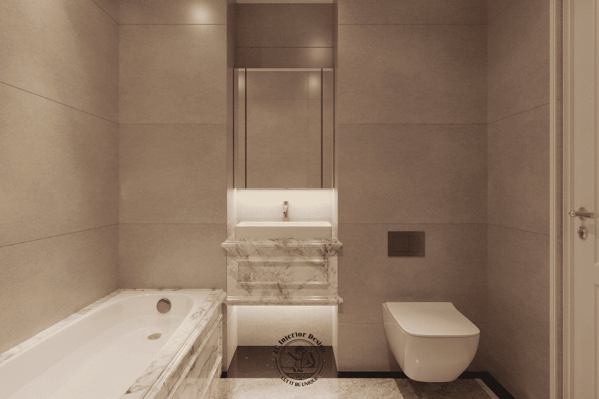 Lavabo đặt bàn đá kết hợp bồn cầu treo tường tối ưu diện tích và hệ gương soi lớn phản chiếu