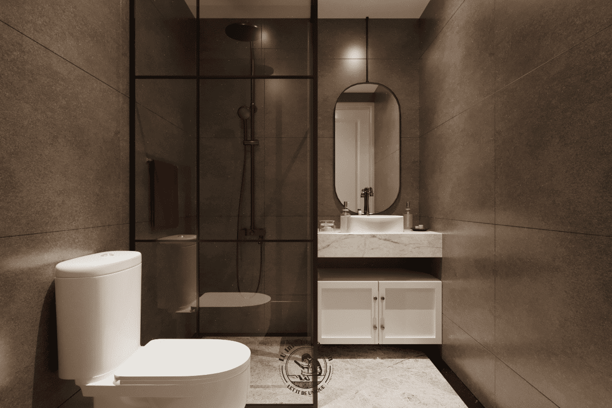 Vách kính tắm khung đen hiện đại kết hợp bàn đá lavabo và tủ treo tường gọn gàng