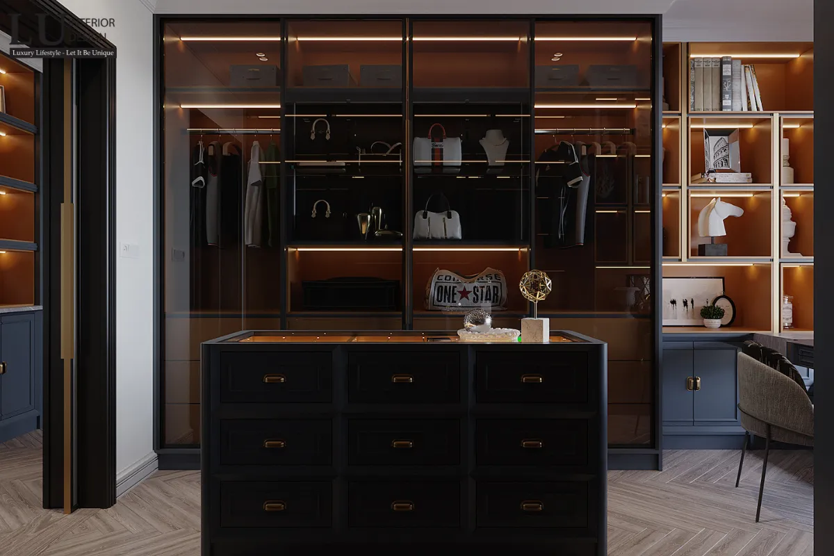 Phòng thay đồ master closet với hệ tủ cánh kính và đèn LED cao cấp  2 ảnh
