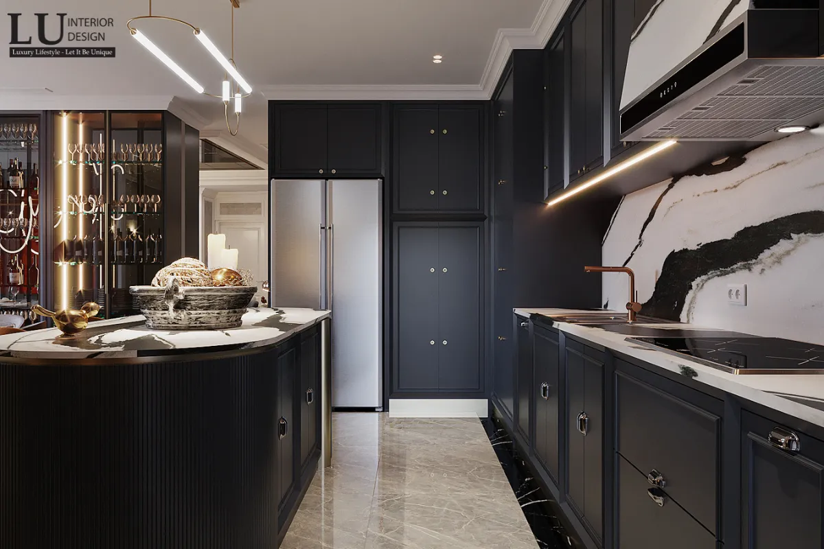 Thiết kế nội thất bếp và đảo bếp căn hộ The Peak Midtown với tông màu tối và đá marble.