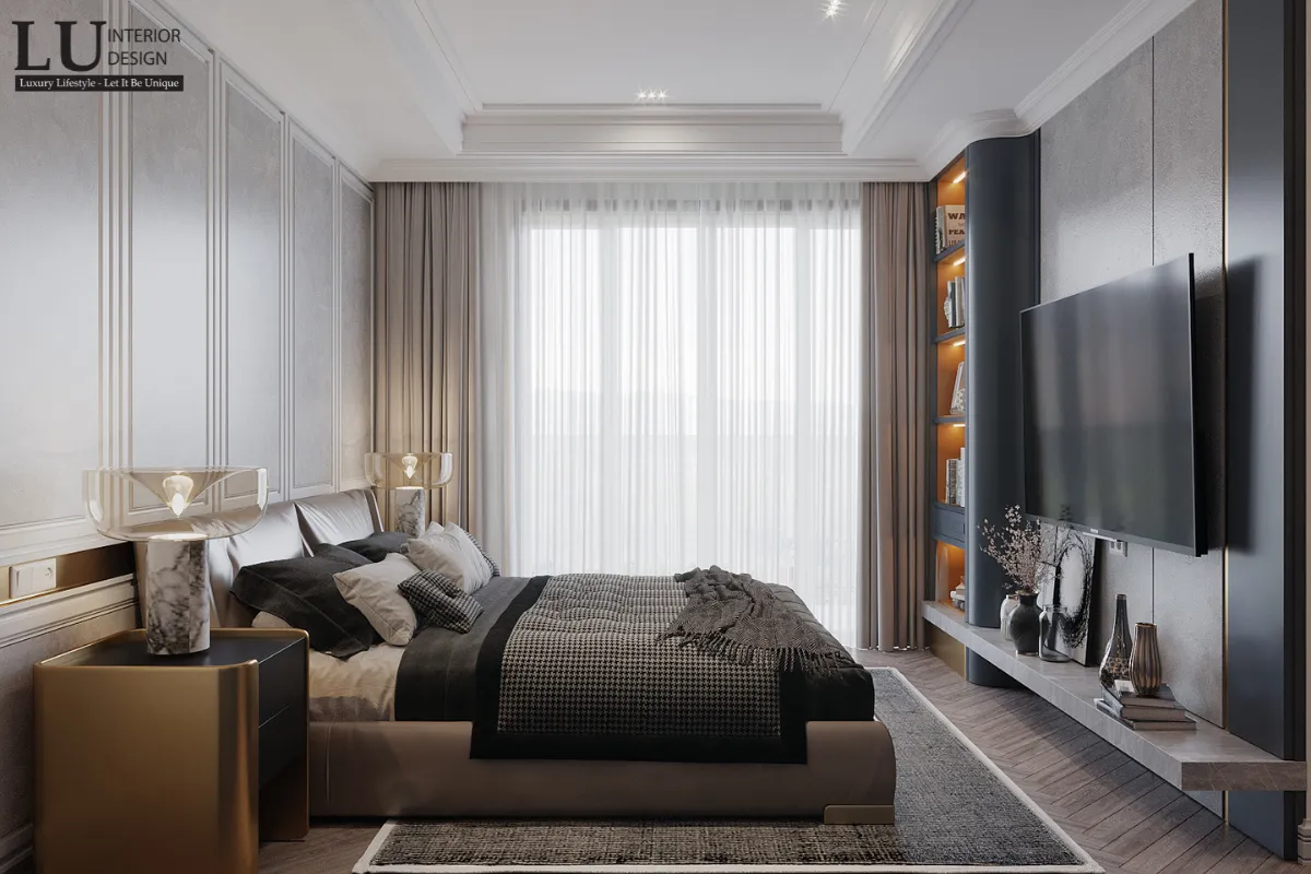 Thiết kế nội thất phòng ngủ master The Peak Midtown với vách đầu giường bọc nệm và phào chỉ
