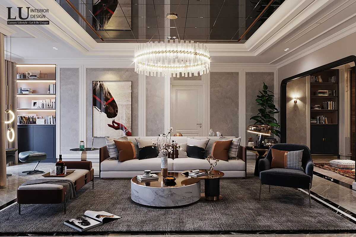 Toàn cảnh không gian phòng khách The Peak Midtown phong cách Modern Classic sang trọng.