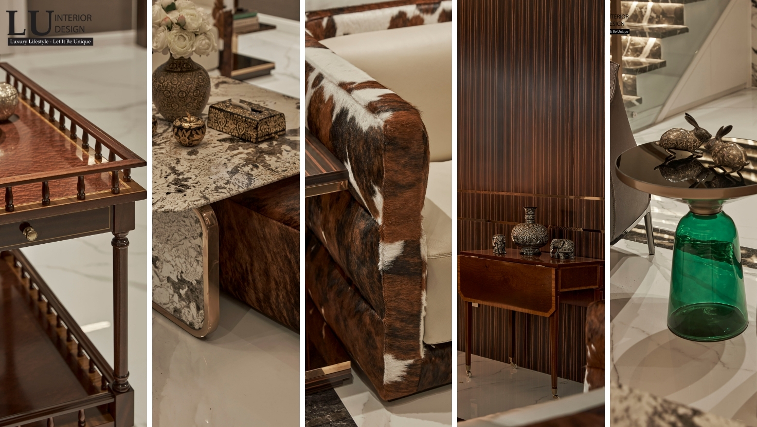 Dịch vụ thi công nội thất biệt thự sử dụng vật liệu gỗ óc chó đá marble
