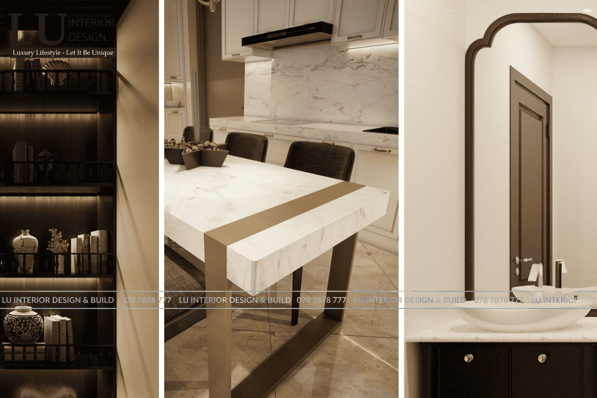 Không gian nội thất cao cấp LU Design sử dụng gỗ óc chó và đá marble sang trọng