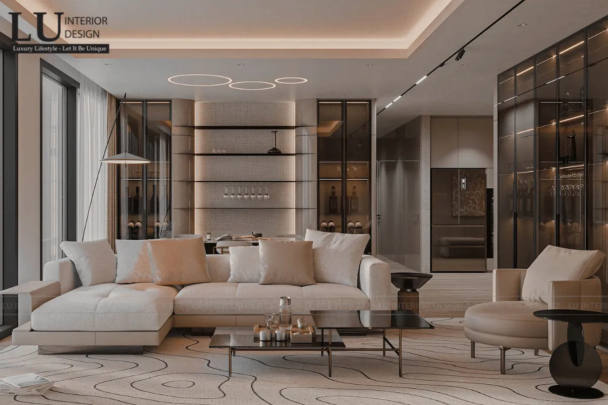 Phòng khách căn hộ cao cấp The Infiniti Riviera Point – Thiết kế sang trọng tối giản