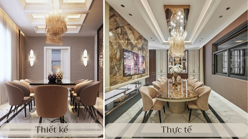 So sánh thiết kế và thi công nội thất cao cấp thực tế tại phòng ăn biệt thự sang trọng