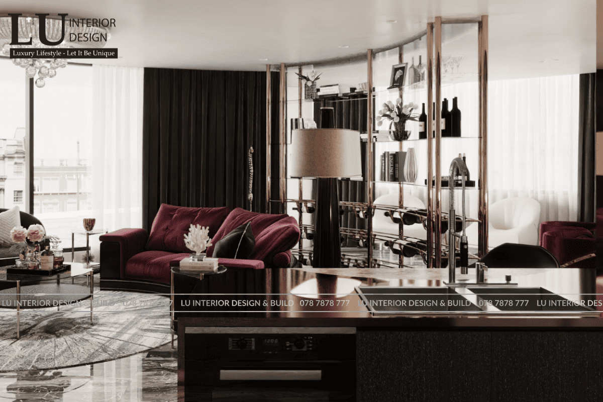 Thiết kế phòng khách và bếp penthouse Vũng Tàu tone đỏ thiết kế hiện đại cổ điển với sofa nhung