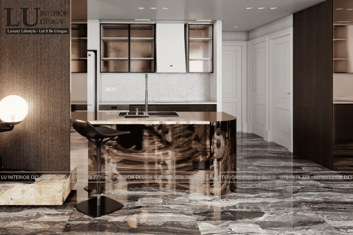  Thiết kế bếp penthouse Vũng Tàu tone đỏ hiện đại cổ điển với đảo bếp và đèn decor nghệ thuật