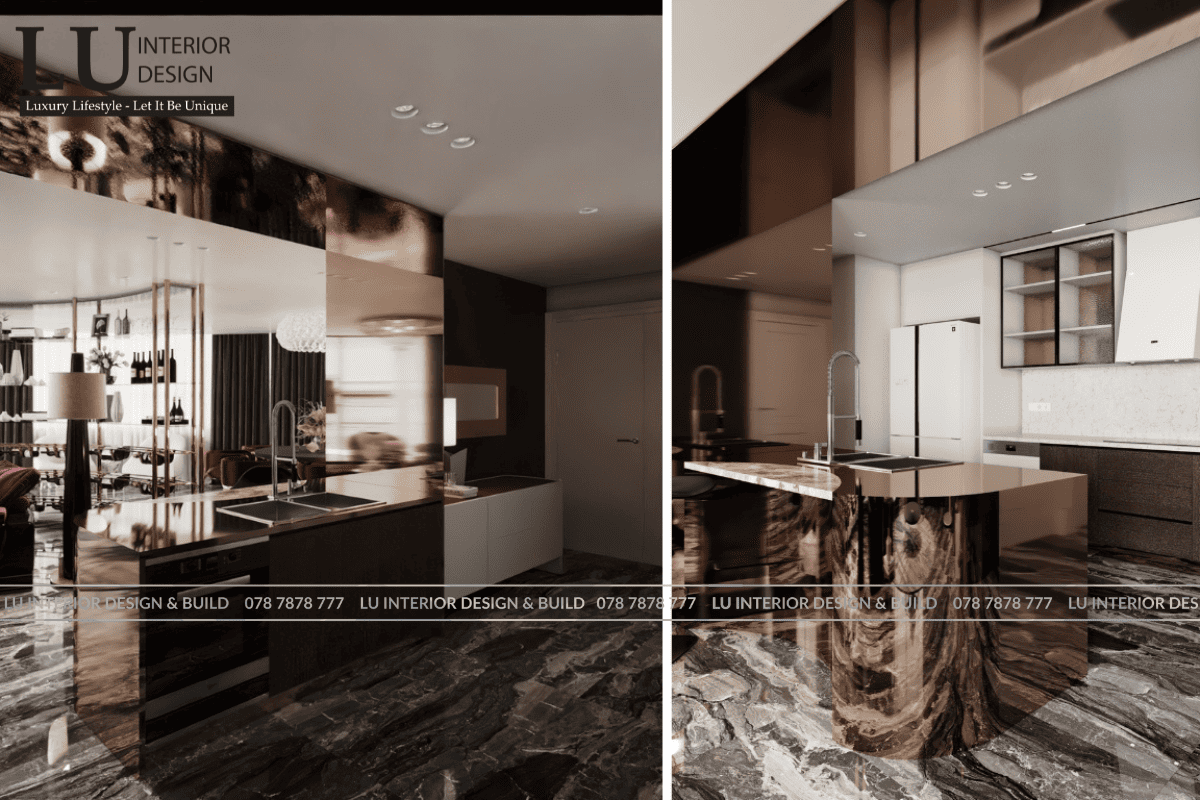 Thiết kế khu vực bếp penthouse Vũng Tàu tone đỏ với thiết kế đảo bếp bo cong phủ bóng và tủ bếp âm tường cao cấp