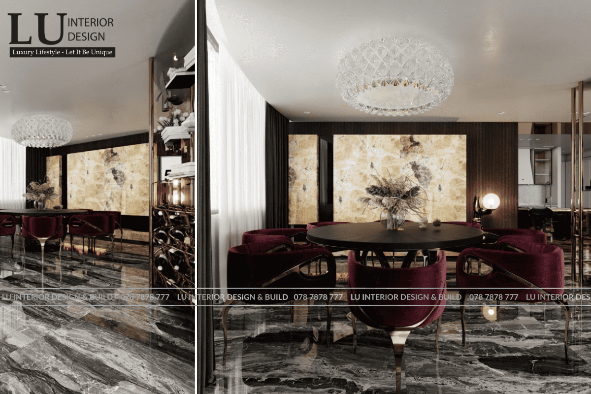 Thiết kế phòng ăn penthouse Vũng Tàu tone đỏ thiết kế modern classic với ghế nhung đỏ và đèn pha lê sang trọng