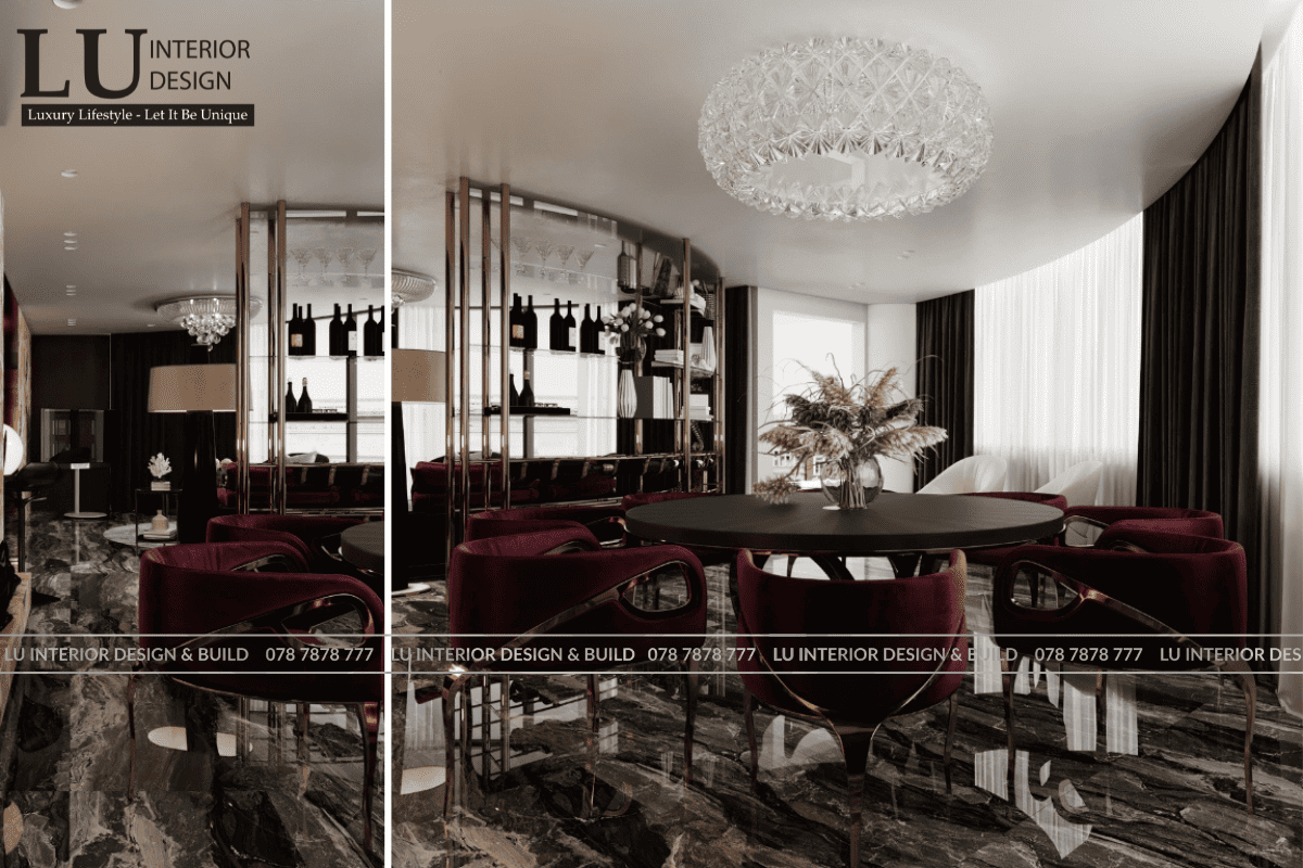 Thiết kế không gian phòng ăn penthouse Vũng Tàu tone đỏ kết hợp vách đá tự nhiên và bàn tròn hiện đại