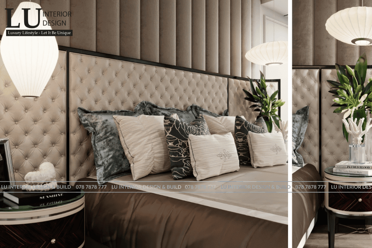Thiết kế nội thất phòng ngủ master penthouse Vũng Tàu tone xanh với gối nhung, đèn ngủ phong cách và decor đầu giường thanh lịch