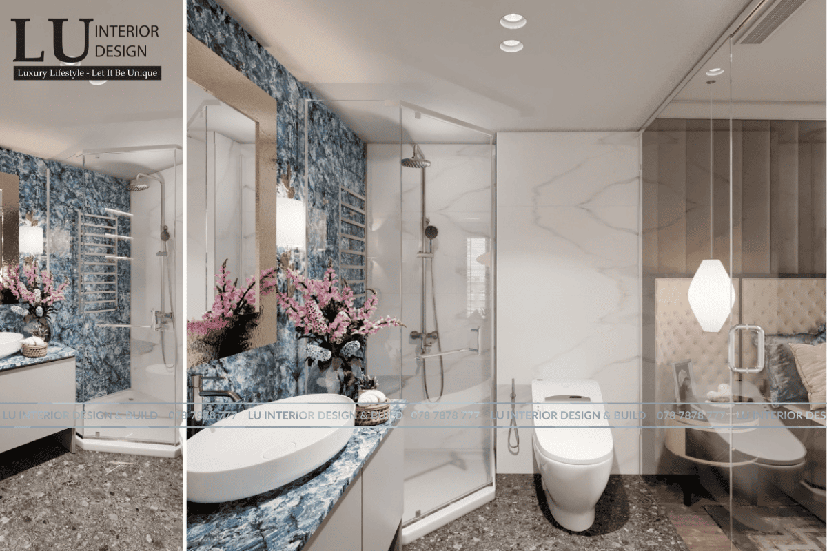 Thiết ké nội thất phòng tắm master penthouse Vũng Tàu thiết kế hiện đại cổ điển với đá xanh ốp tường và thiết bị vệ sinh cao cấp