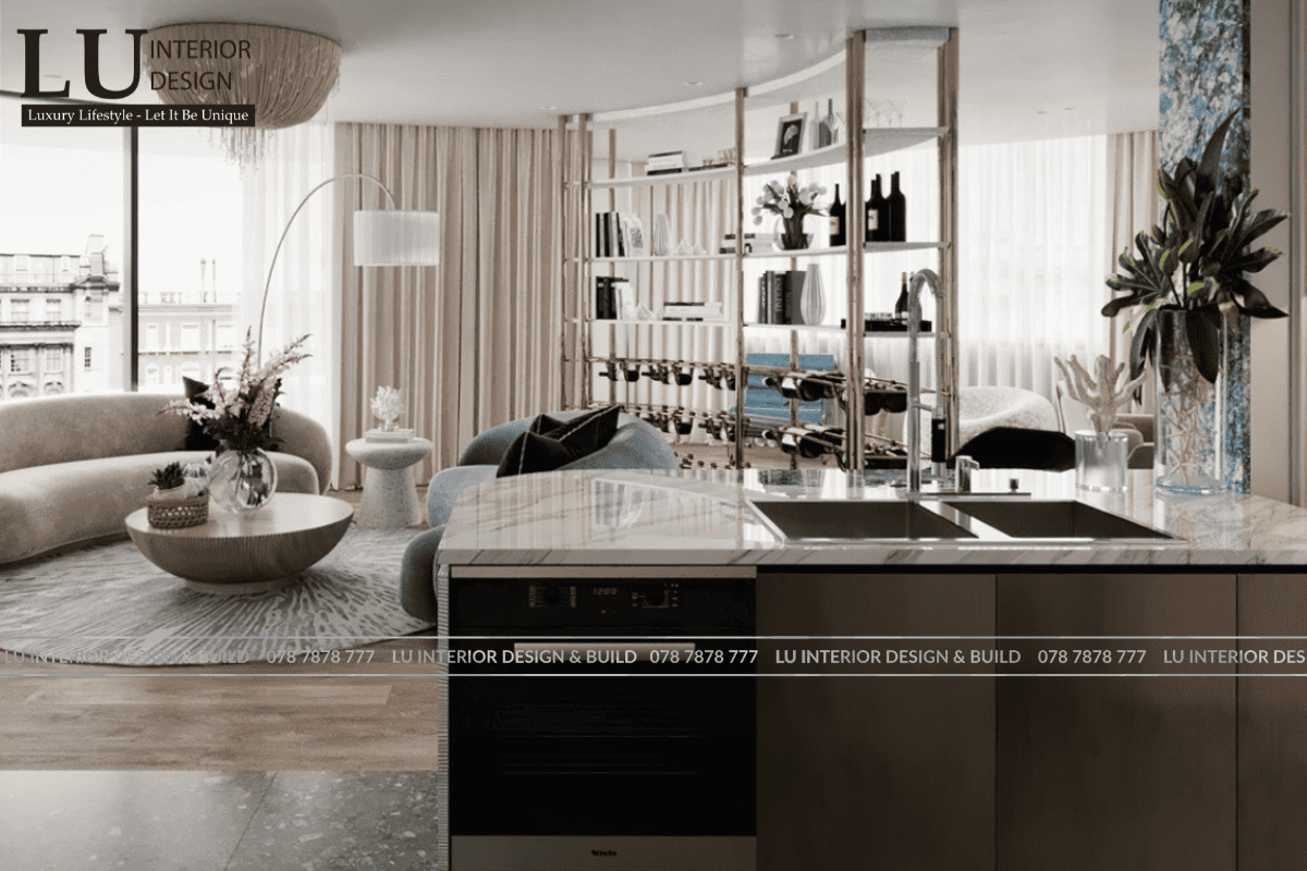 Thiết kế không gian phòng khách penthouse Vũng Tàu thiết kế modern classic với tường ốp đá xanh và kệ rượu nghệ thuật