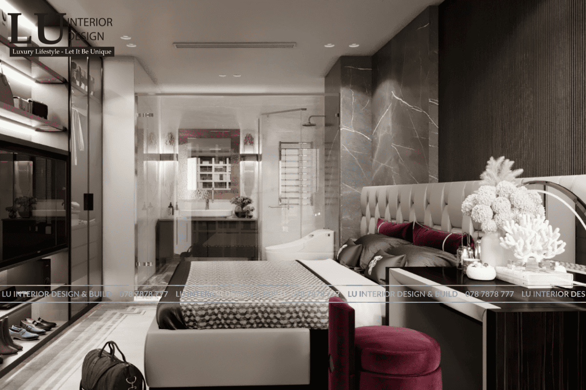 Thiết kế nội thất phòng ngủ master penthouse Vũng Tàu tone đỏ hiện đại cổ điển với khu vực thay đồ và phòng tắm liền kề