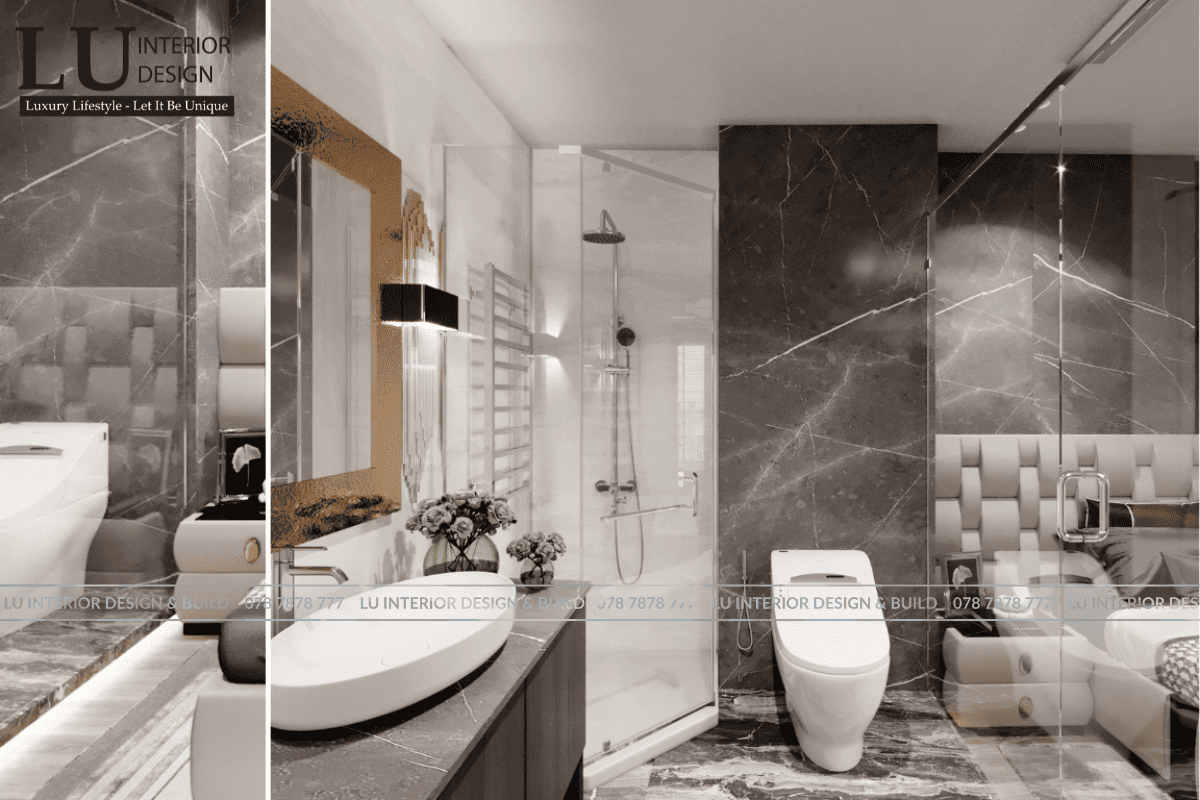Thiết kế phòng tắm trong phòng ngủ master penthouse Vũng Tàu tone đỏ hiện đại với đá marble và thiết bị vệ sinh cao cấp
