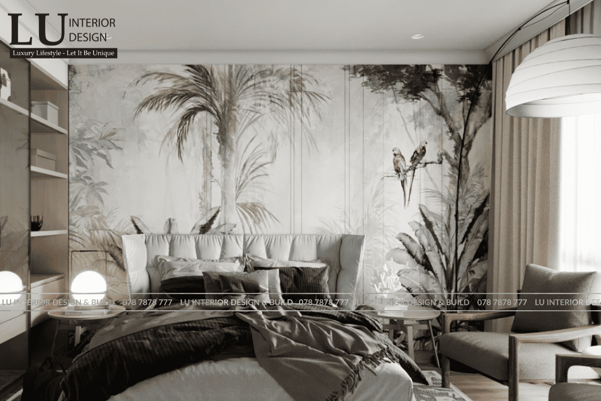 Thiết kế phòng ngủ tone xanh thiết kế modern classic penthouse Vũng Tàu với đầu giường bọc nệm và tranh tường tropical nghệ thuật
