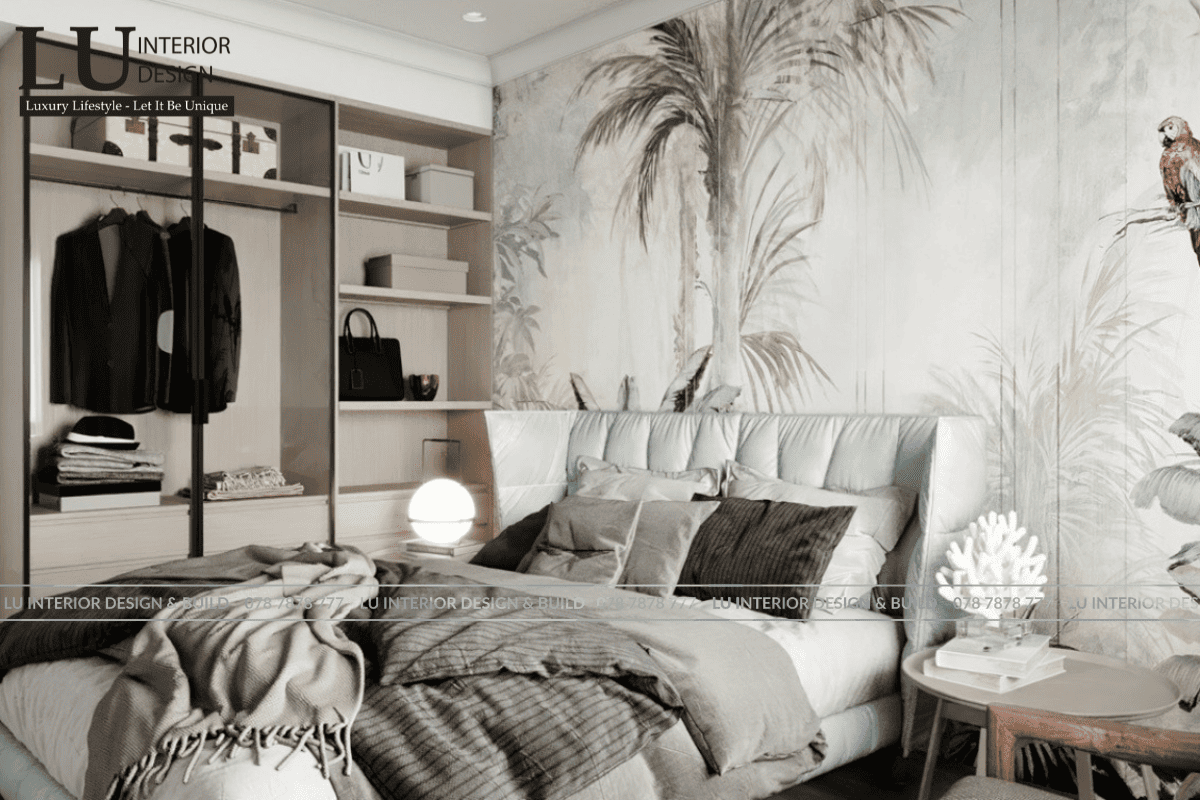 Thiết kế nội thất phòng ngủ penthouse Vũng Tàu phong cách modern classic với tranh tường cây cối và két sắt âm tường