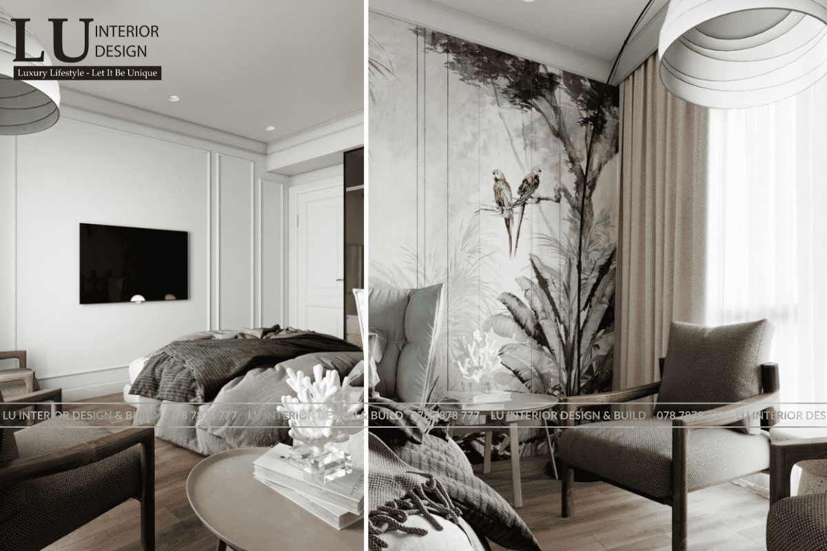 Thiết kế góc thư giãn phòng ngủ hiện đại cổ điển tone xanh penthouse Vũng Tàu với ghế bành gỗ và ánh sáng tự nhiên