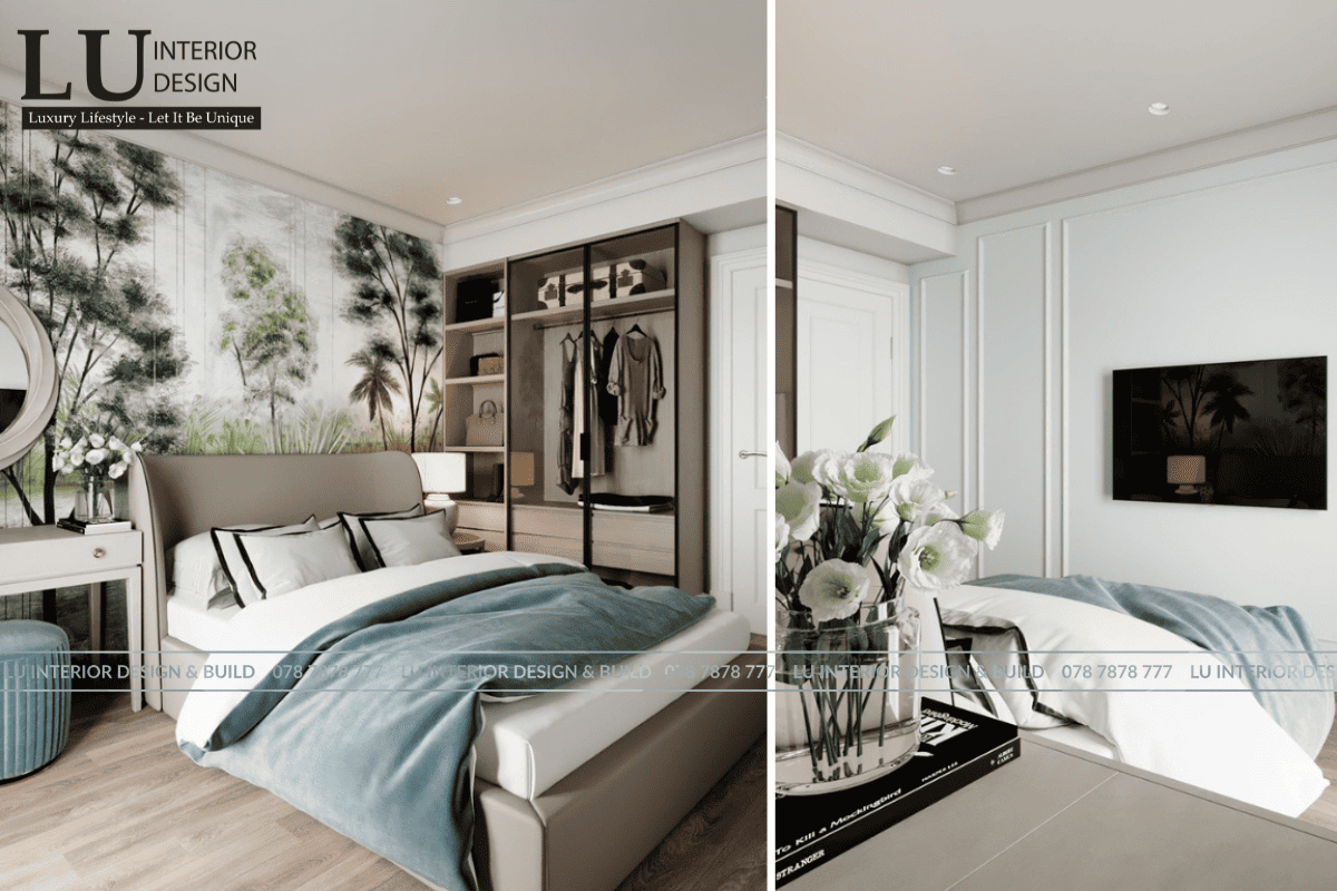 Thiết kế nội thất tổng thể phòng ngủ 2 căn hộ penthouse Vũng Tàu tone xanh sang trọng